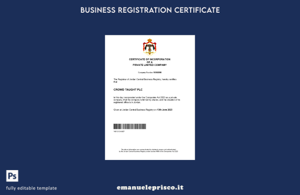 certificato di registrazione Jordan in stile verificato modello Word e PDF